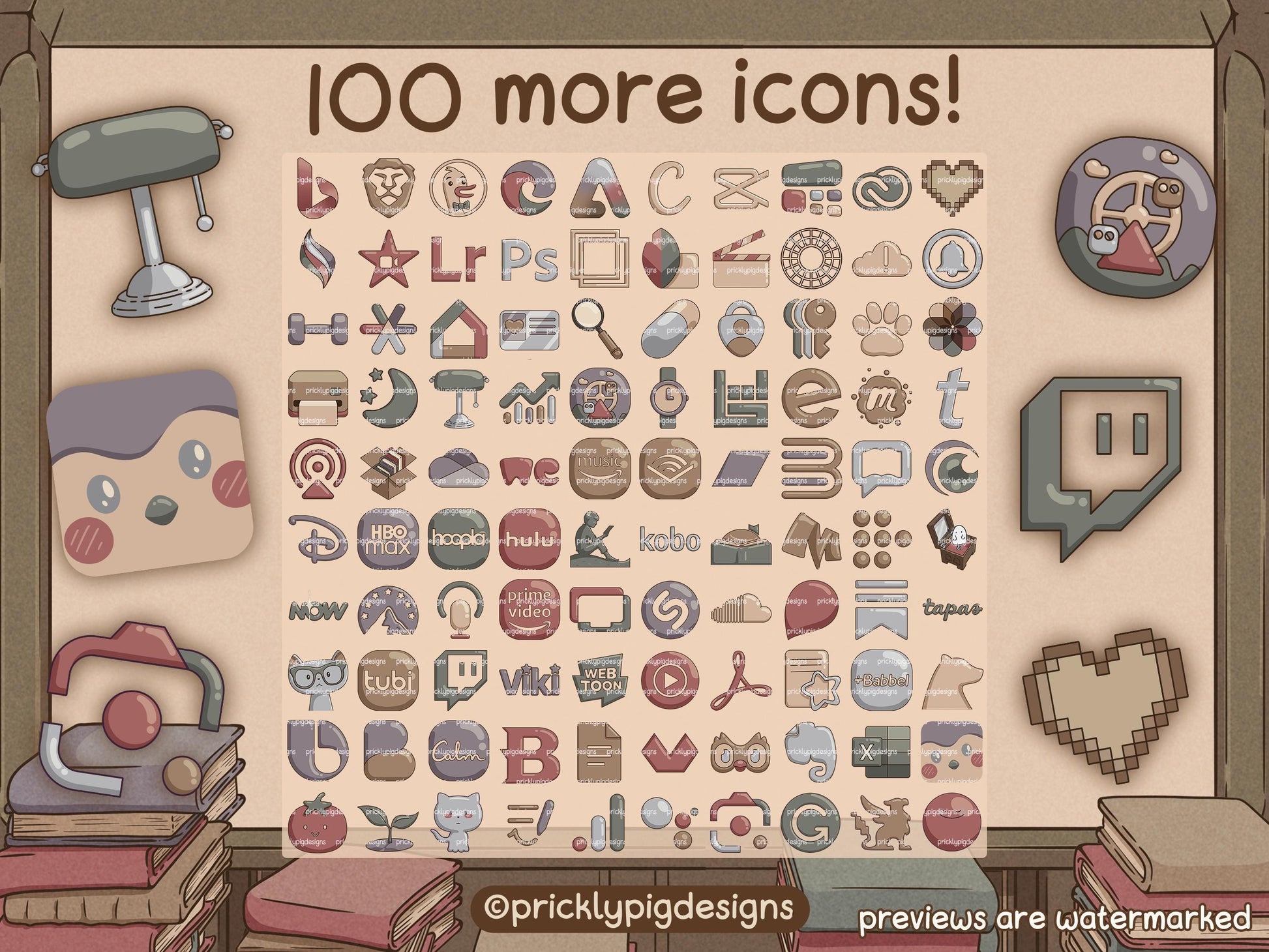 100 icons with a library theme. 