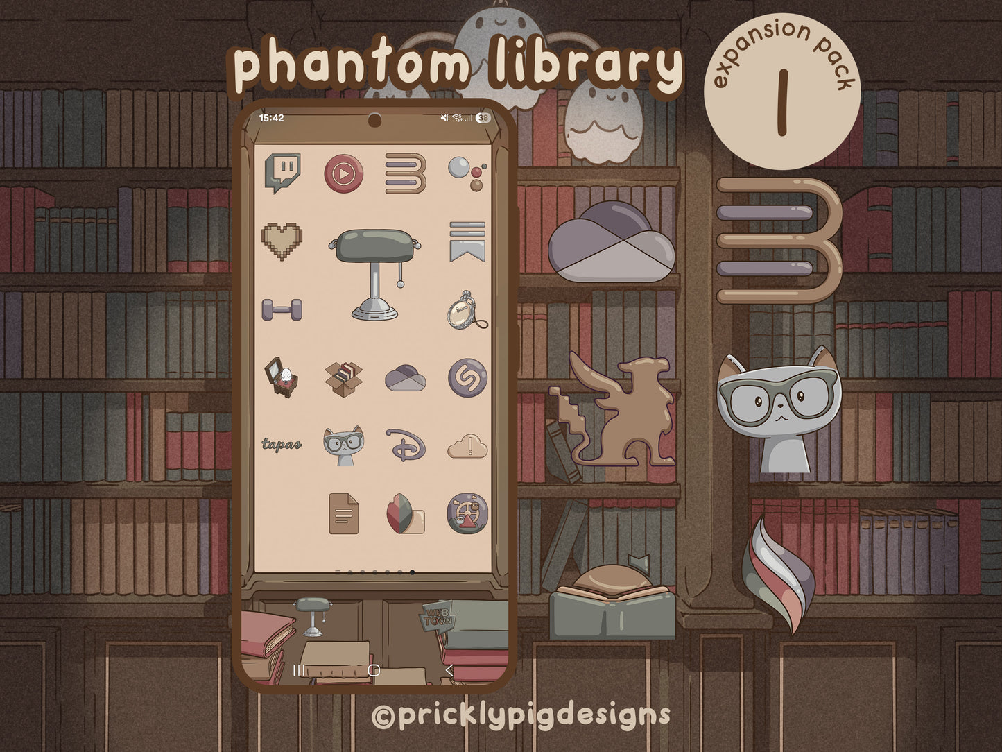 phone displaying a home screen featuring icons with a library theme.
