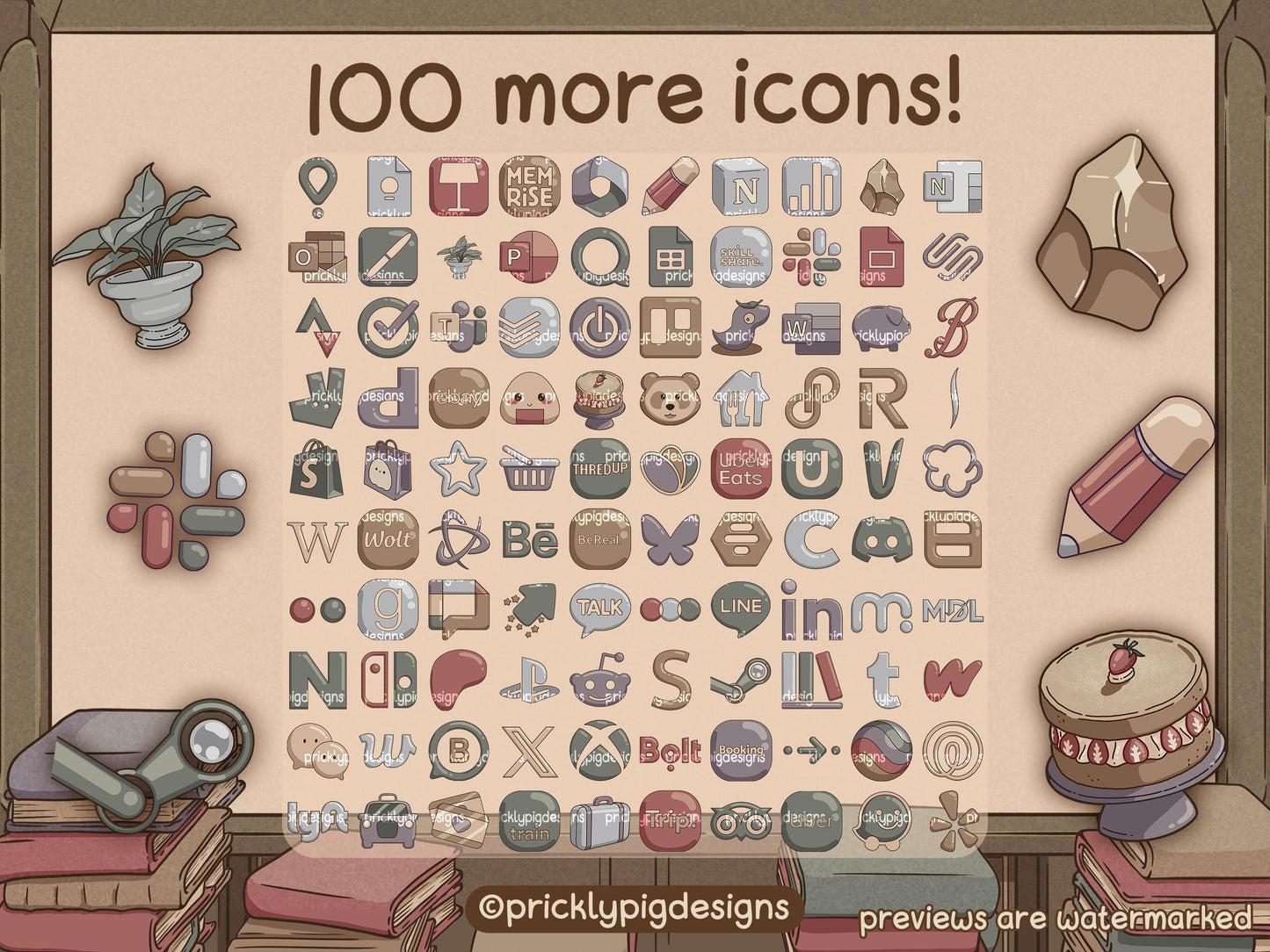100 icons with a library theme. 