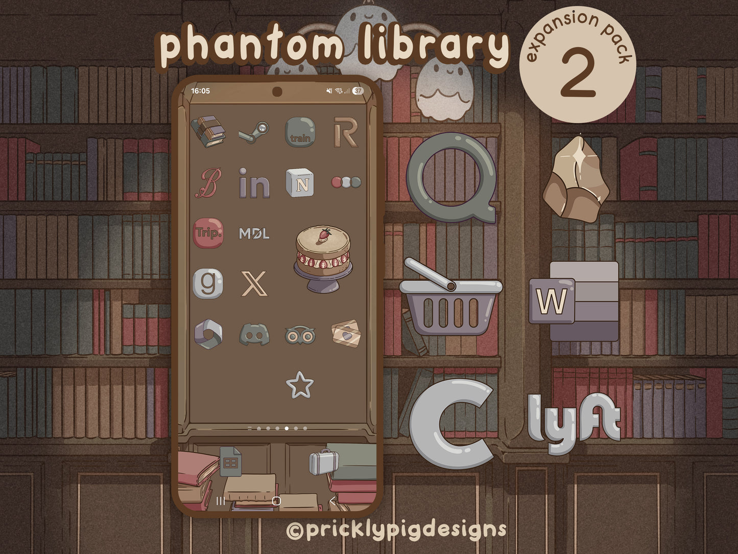 Illustration of a smartphone with app icons on a bookshelf background, featuring the text 'phantom library expansion pack 2' and 'pricklypigdesigns'.