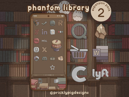Illustration of a smartphone with app icons on a bookshelf background, featuring the text 'phantom library expansion pack 2' and 'pricklypigdesigns'.