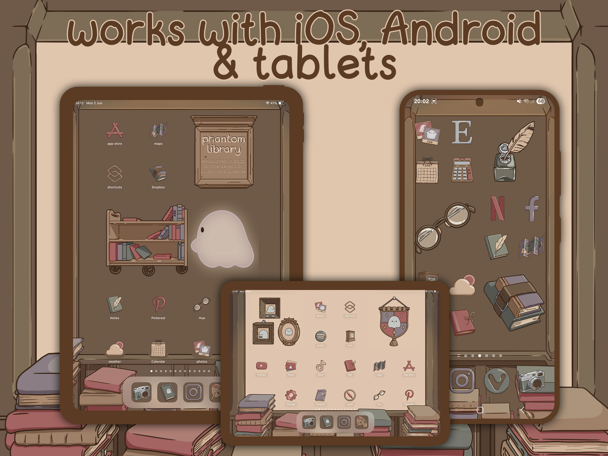 Illustration of tablets with app icons on a beige background, promoting compatibility with iOS, Android, and tablets.
