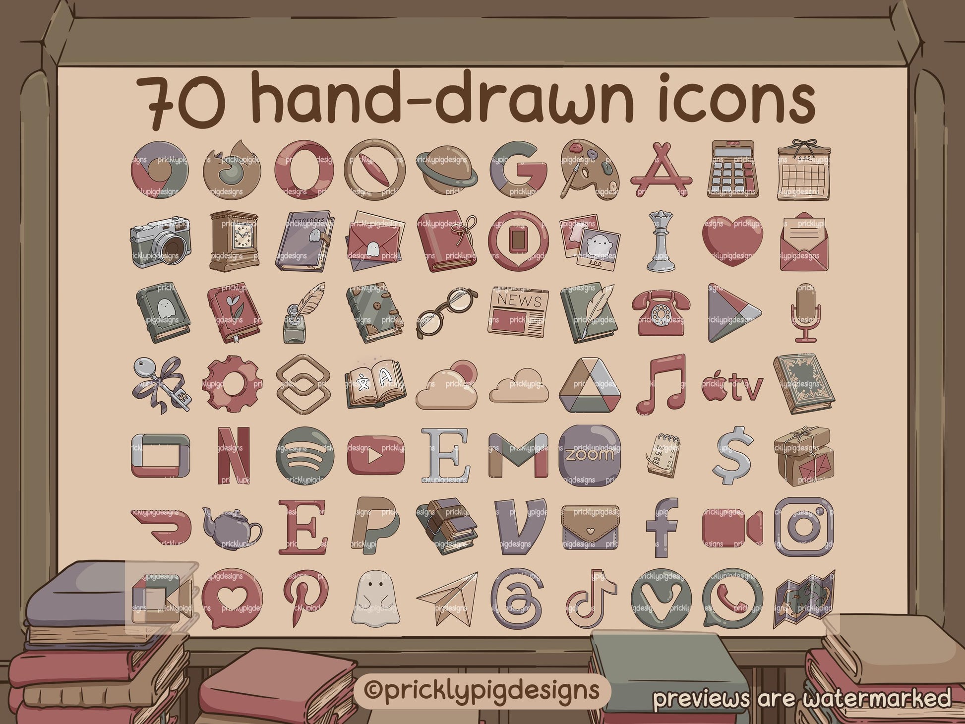 70 icons for phones and tablet with a library theme.