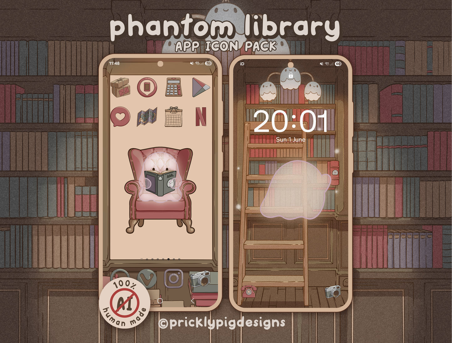 two phone displays, 1 showing a lockscreen featuring a wallpaper of a ghost putting books away on a shelf and the other showing a home screen with library themed app icons and an illustration of a ghost sitting on a chair