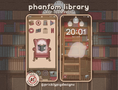 two phone displays, 1 showing a lockscreen featuring a wallpaper of a ghost putting books away on a shelf and the other showing a home screen with library themed app icons and an illustration of a ghost sitting on a chair