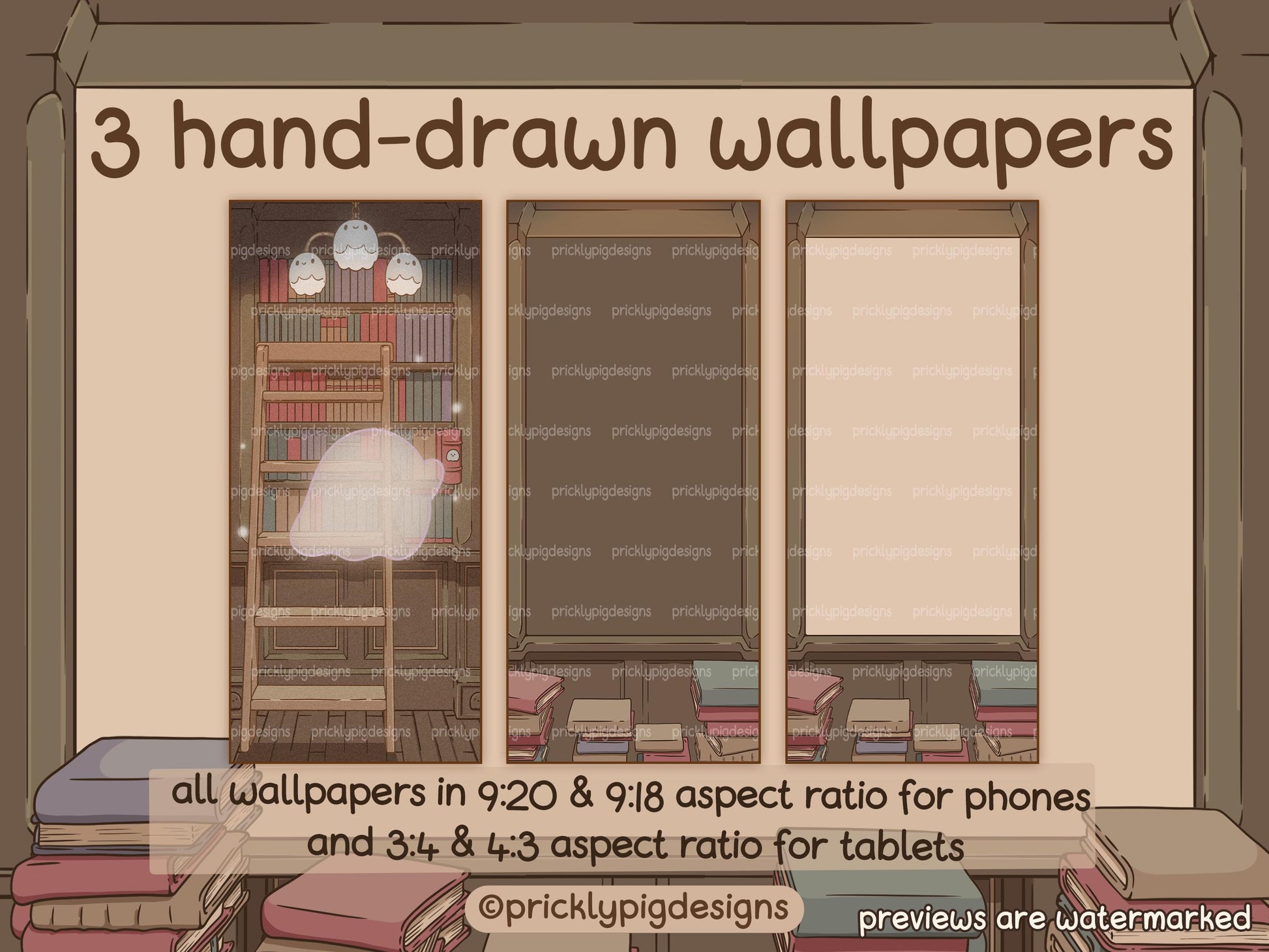 3 phone wallpapers. Wallpaper 1 is a ghost putting away books in a library. Wallpaper 2 and 3 are empty walls with stacks of books in front of them.