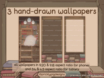 3 phone wallpapers. Wallpaper 1 is a ghost putting away books in a library. Wallpaper 2 and 3 are empty walls with stacks of books in front of them.