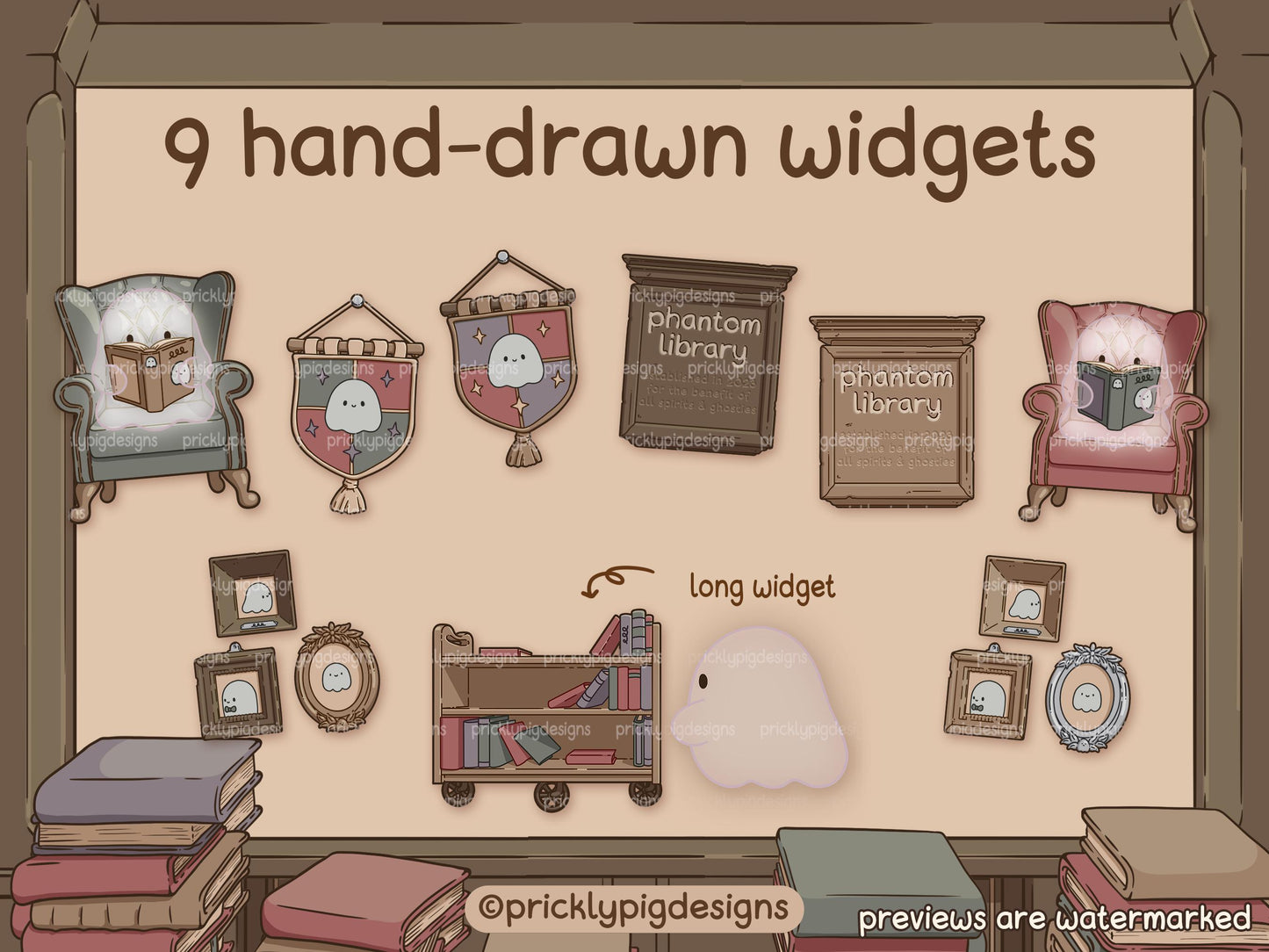 illustrations of a ghost sitting on a chair, pendants featuring ghosts, library signs, framed pictures of ghosts and a ghost pushing a library book cart.