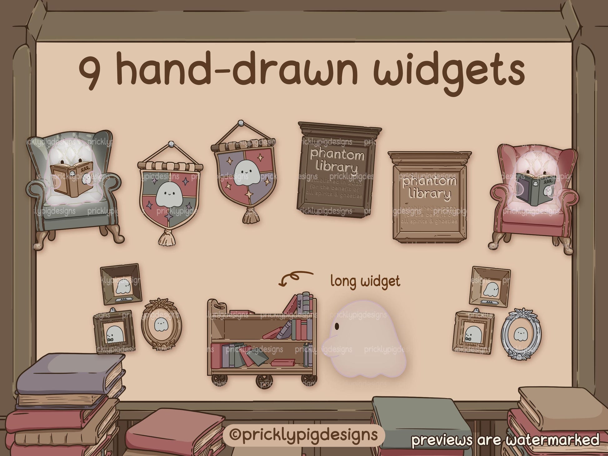 illustrations of a ghost sitting on a chair, pendants featuring ghosts, library signs, framed pictures of ghosts and a ghost pushing a library book cart.