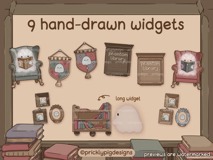 illustrations of a ghost sitting on a chair, pendants featuring ghosts, library signs, framed pictures of ghosts and a ghost pushing a library book cart.