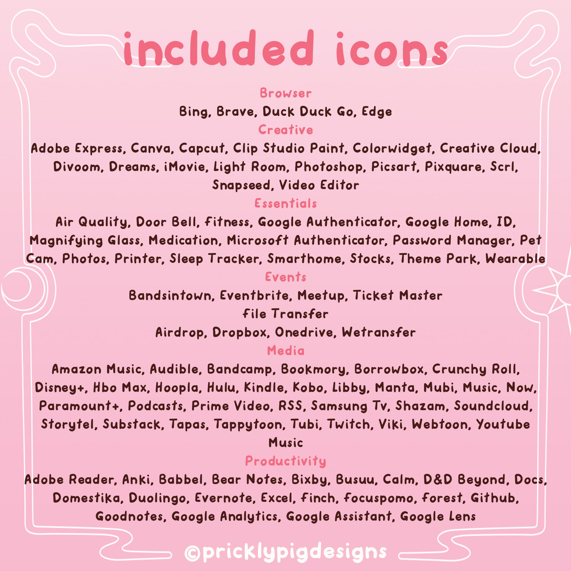 List of included icons.