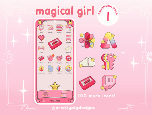 Smartphone displaying a lock screen featuring magical girl themes icons.
