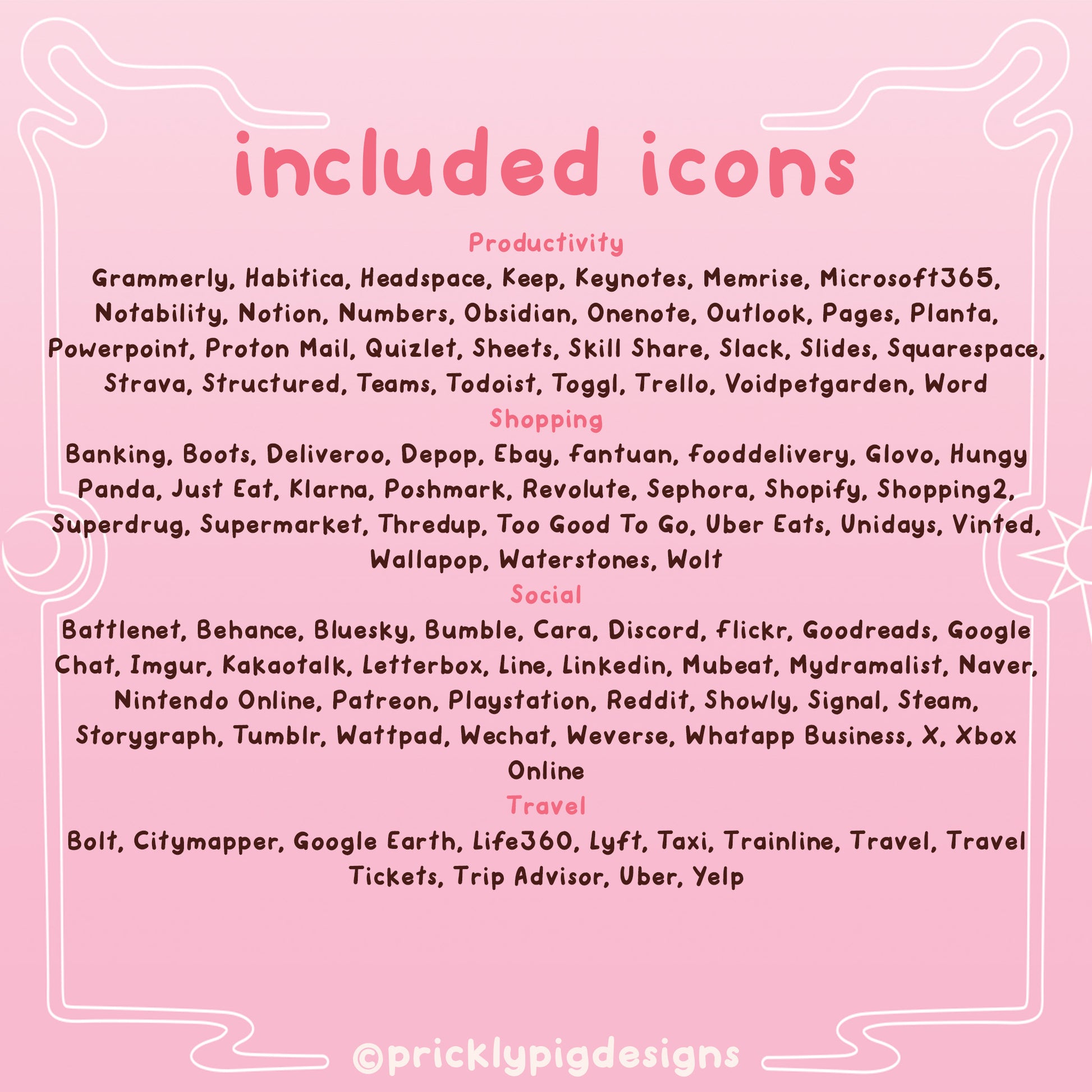 list of included icons.