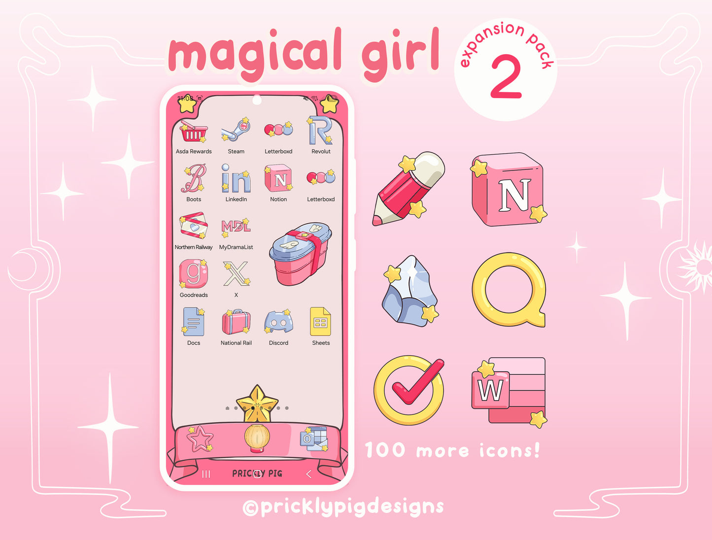 smartphone displaying a home screen featuring magical girl themes icons and illustrated widgets.