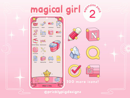 smartphone displaying a home screen featuring magical girl themes icons and illustrated widgets.