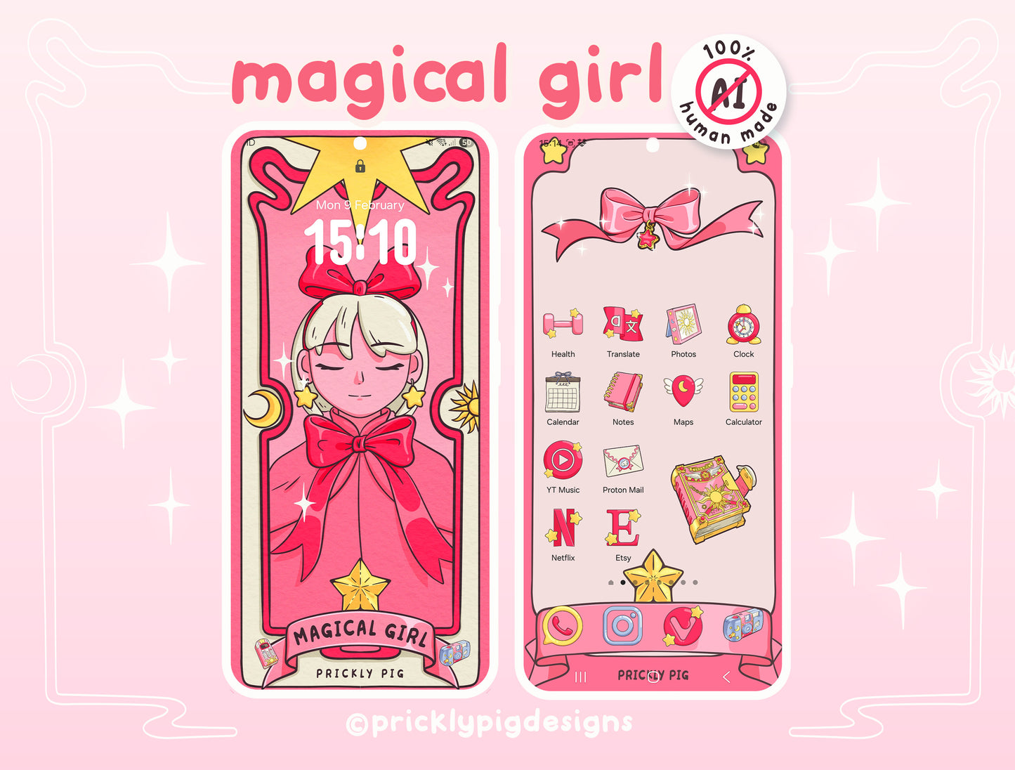Two smartphones, one displaying a lockscreen with a magical girl wallpaper and one with displaying a home screen featuring magical girl themed icons and illustrated widgets. 