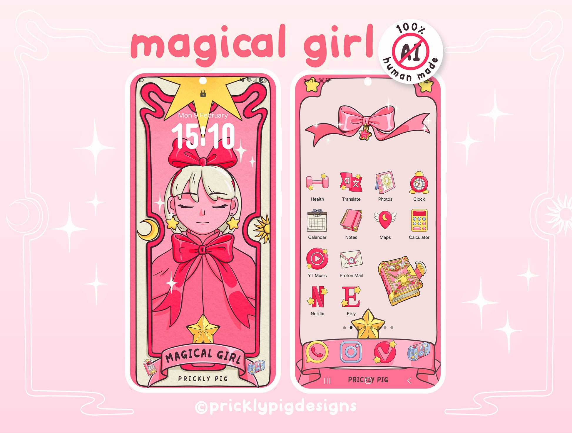 Two smartphones, one displaying a lockscreen with a magical girl wallpaper and one with displaying a home screen featuring magical girl themed icons and illustrated widgets. 