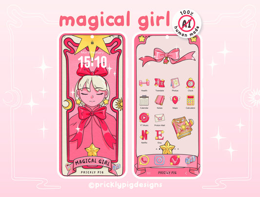 Two smartphones, one displaying a lockscreen with a magical girl wallpaper and one with displaying a home screen featuring magical girl themed icons and illustrated widgets. 