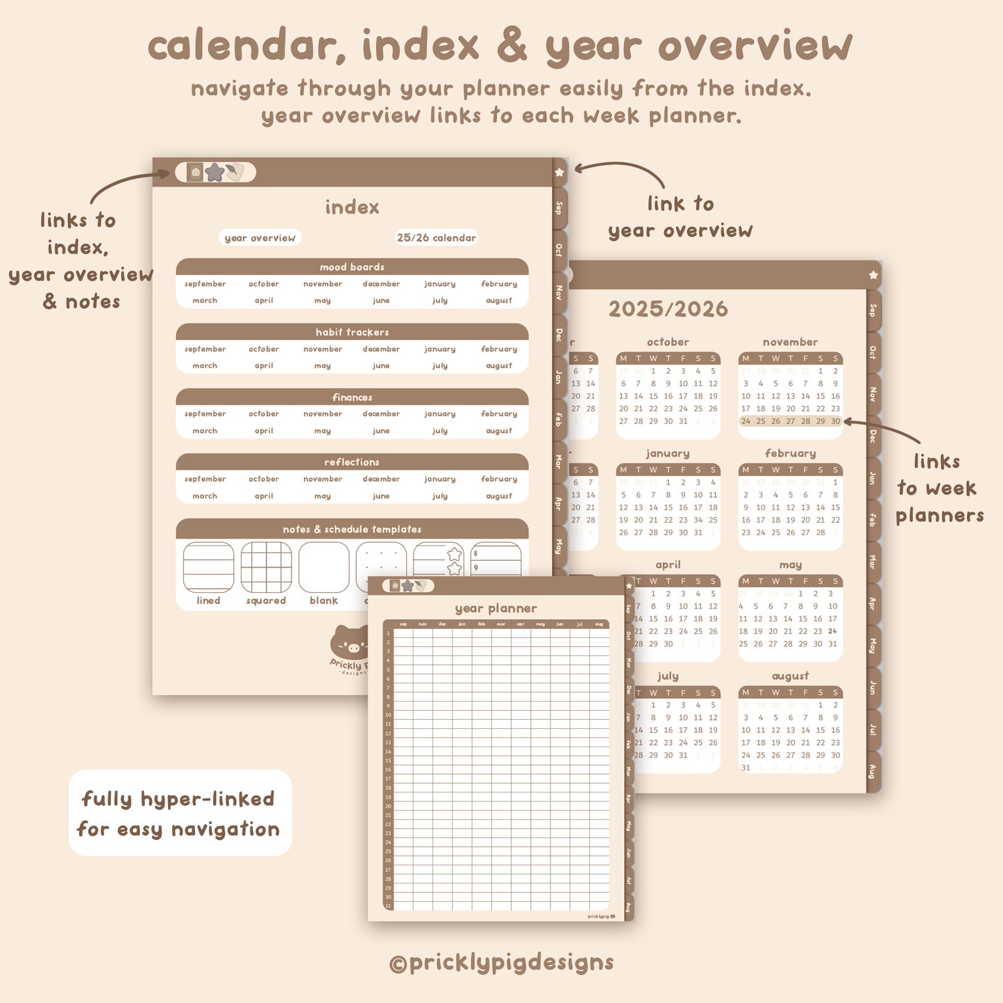 Calendar, index, and year overview planner layout with hyper-linked sections on a beige background.