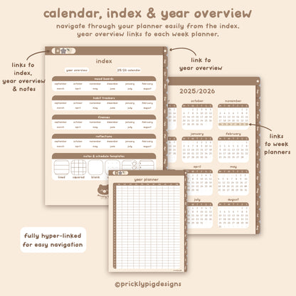 Calendar, index, and year overview planner layout with hyper-linked sections on a beige background.