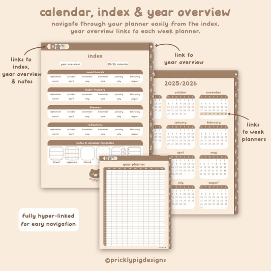 Calendar, index, and year overview planner layout with hyper-linked sections on a beige background.