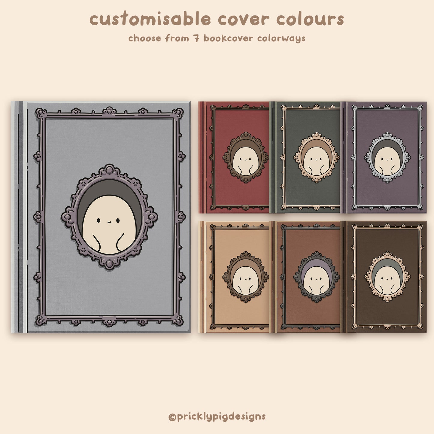 Set of customizable book covers with a cartoon face design on a beige background, featuring text about color options.