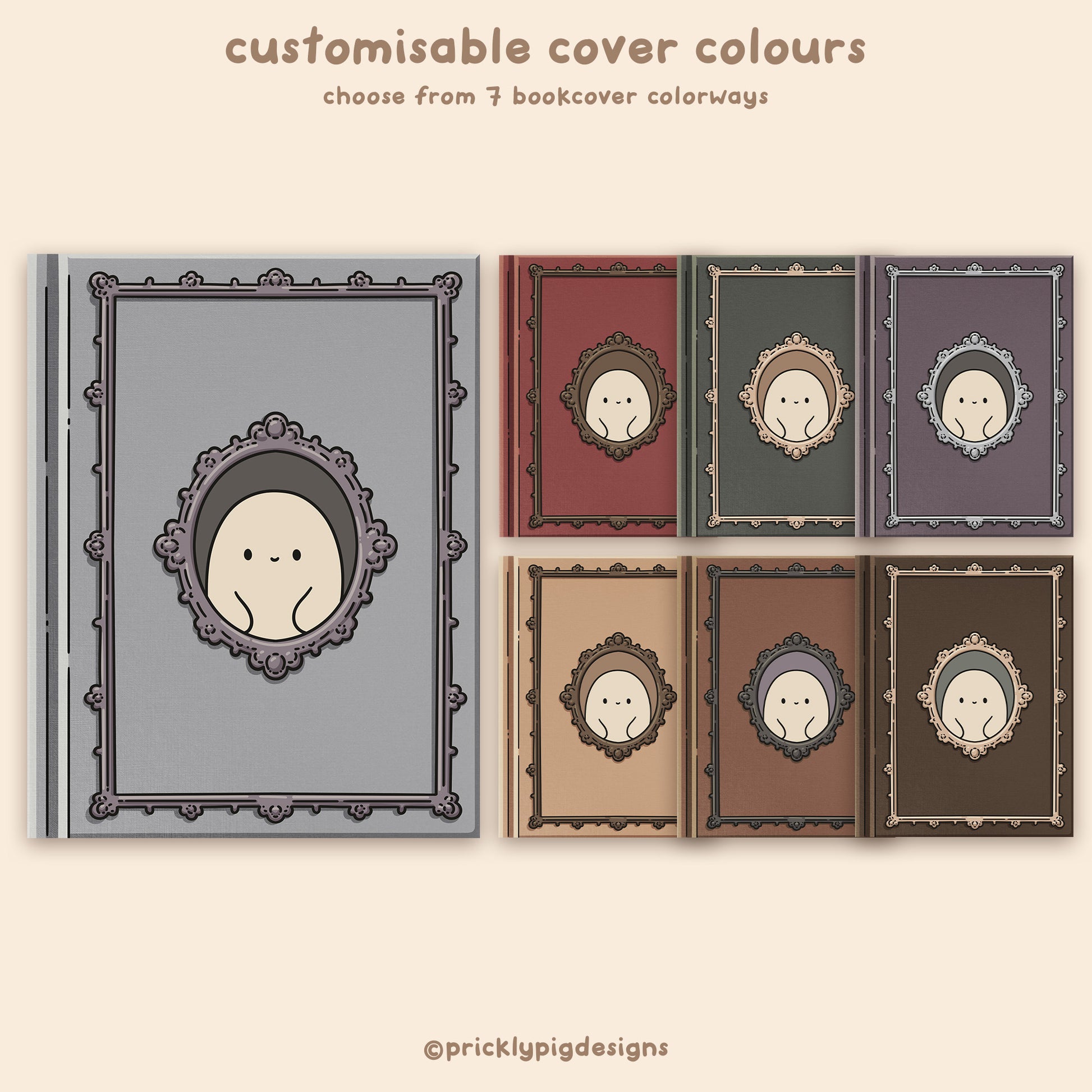 Set of customizable book covers with a cartoon face design on a beige background, featuring text about color options.