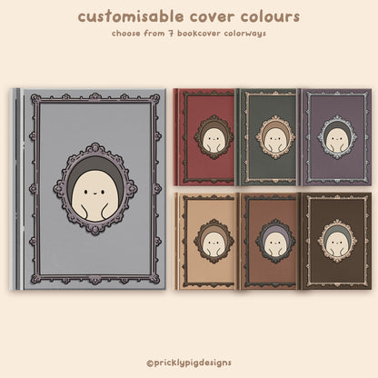 Set of customizable book covers with a cartoon face design on a beige background, featuring text about color options.