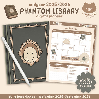 Digital planner with calendar and stickers by Prickly Pig Designs on a beige background