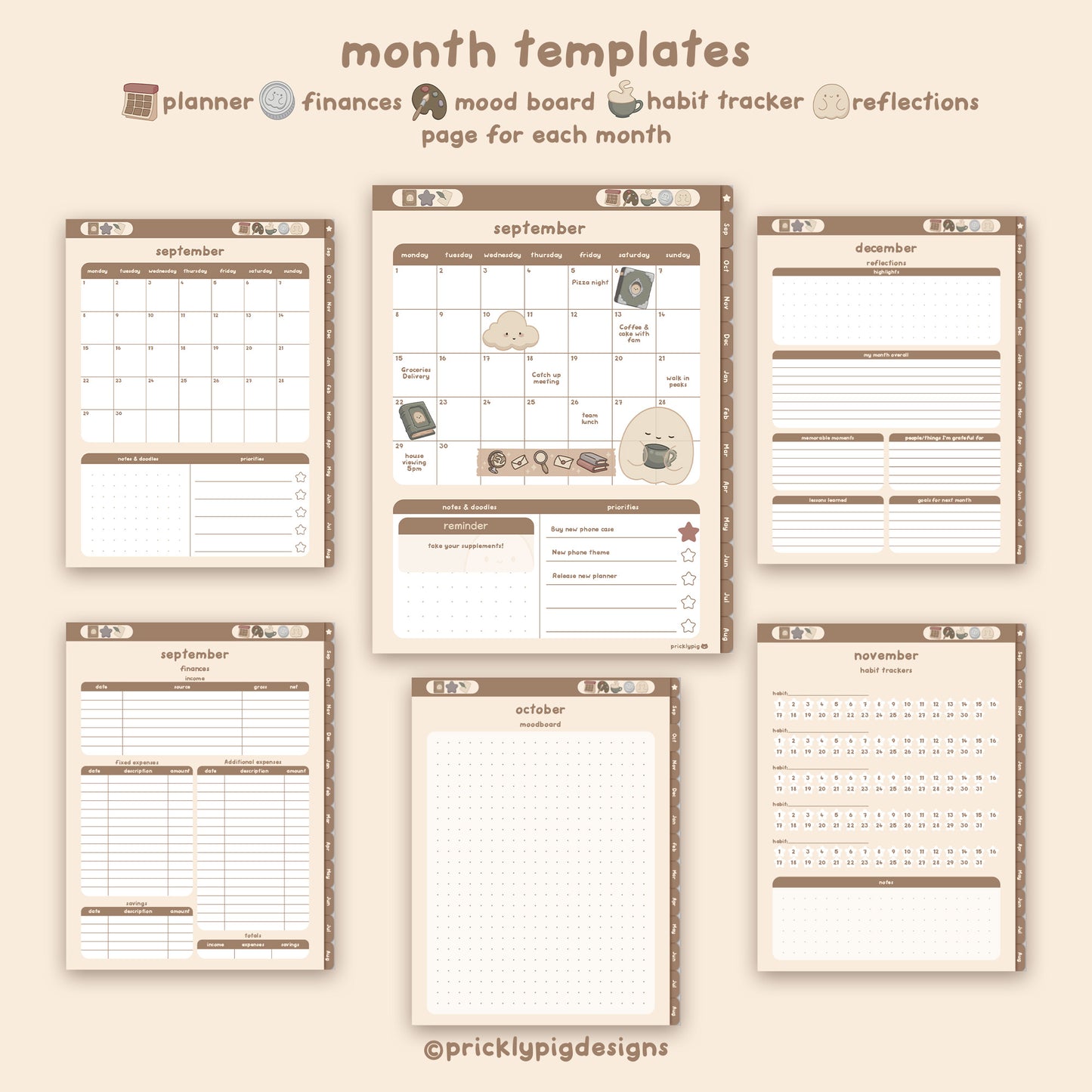 set of month pages including calendar, reflections, finances, mood board and habit tracker.