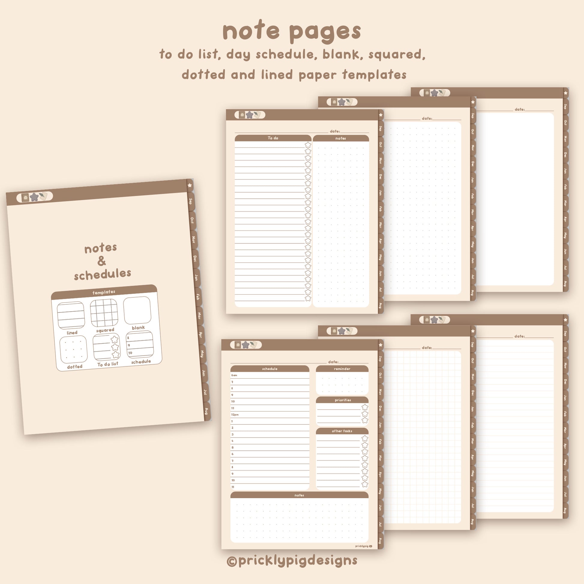 Note pages including to-do list, dotted page, blank page, lined page, squared page and scheduling page. 