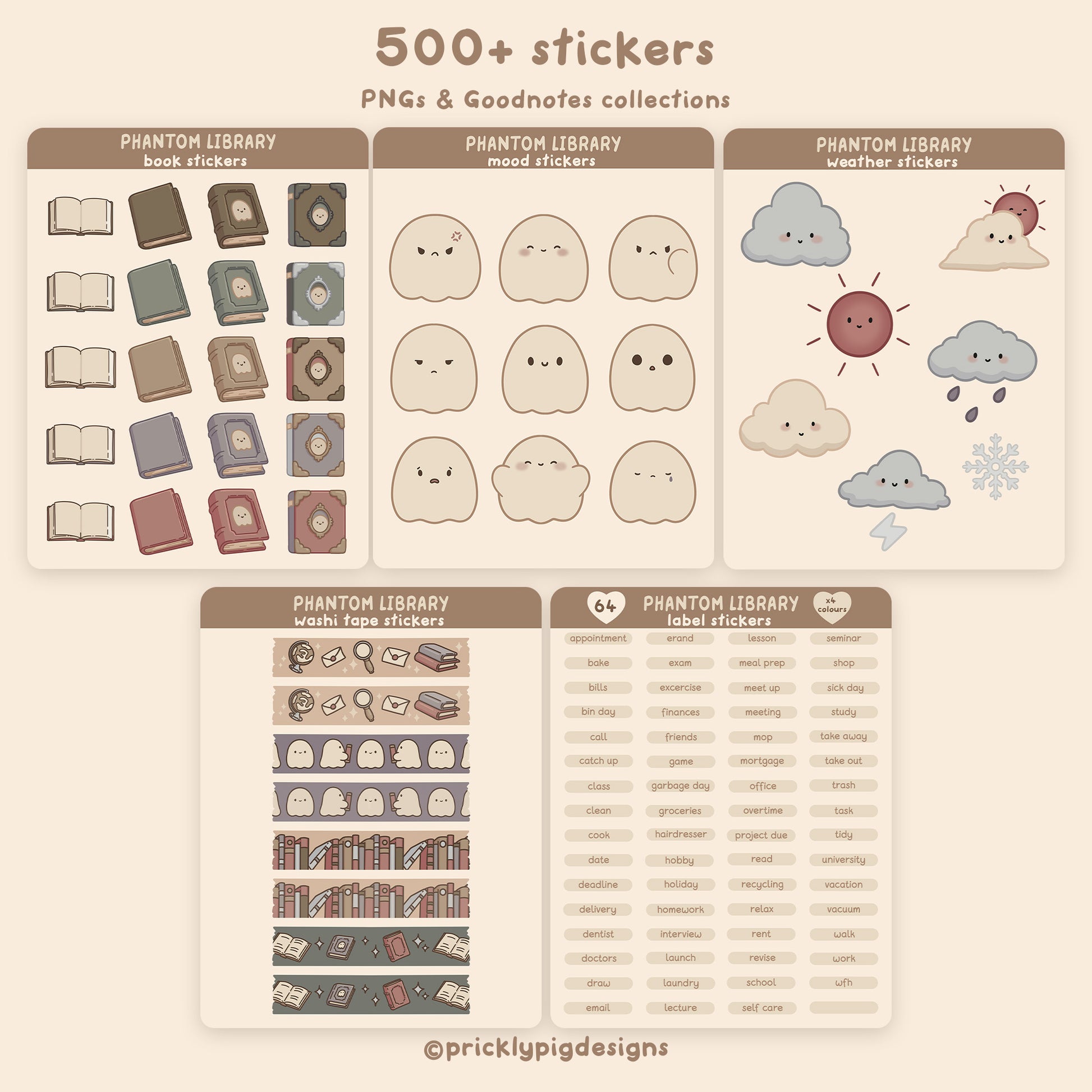 Collection of stickers with various designs on a beige background, including books, faces, weather icons, and labels.
