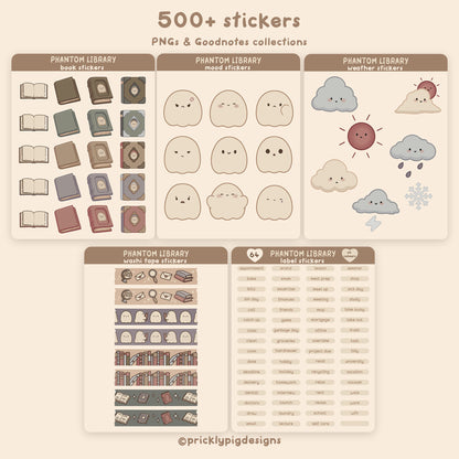 Collection of stickers with various designs on a beige background, including books, faces, weather icons, and labels.