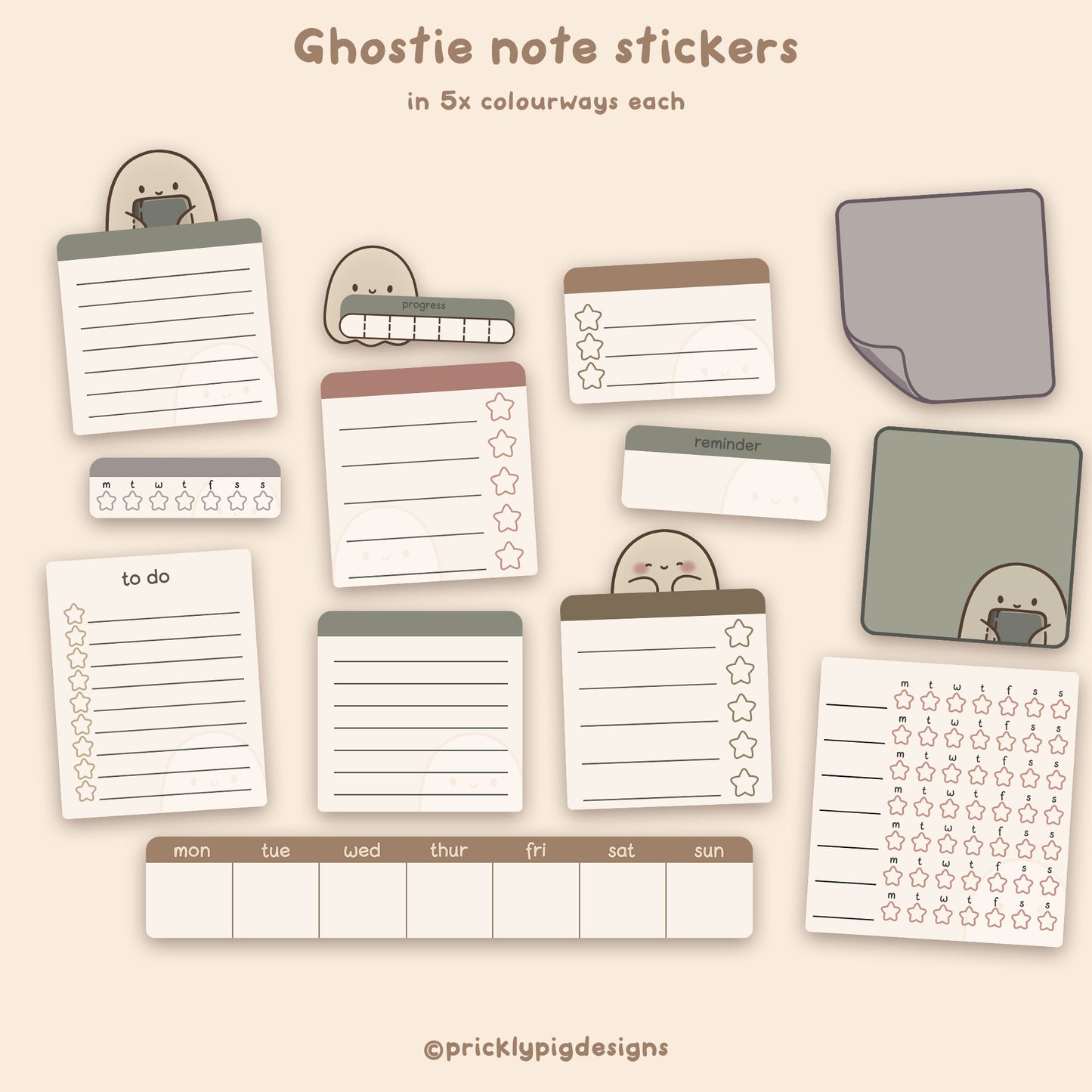 Ghostie note stickers with various designs including note pages and lists.