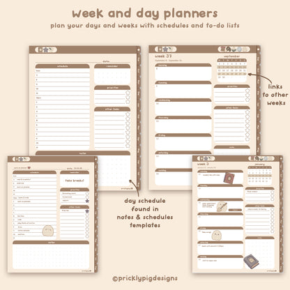 Set of week and day planners with various schedules and to-do lists on a beige background.